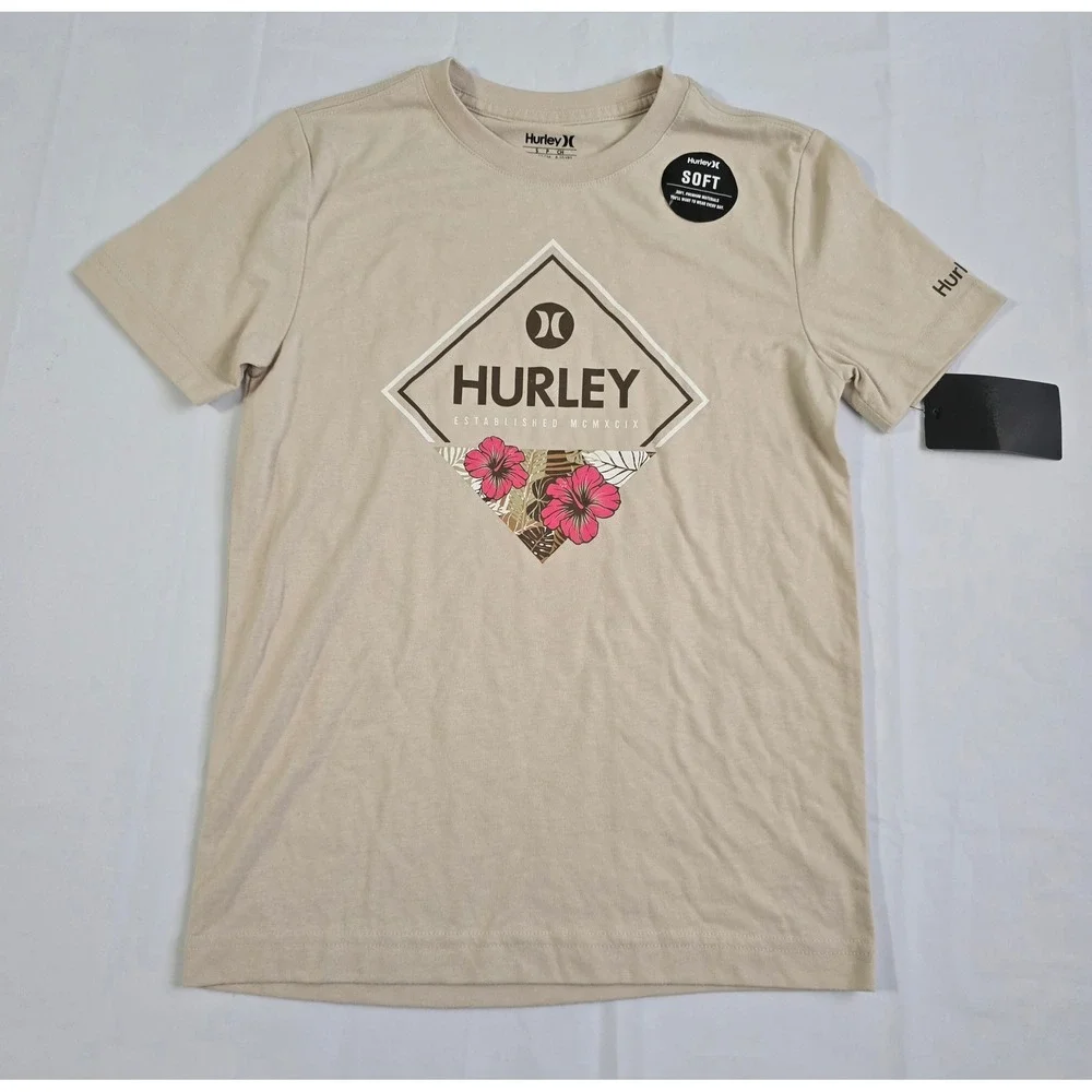 Hurley Boys Rattan Graphic T-Shirt Tan Hibiscus Logo Tee S 8-10 NWT